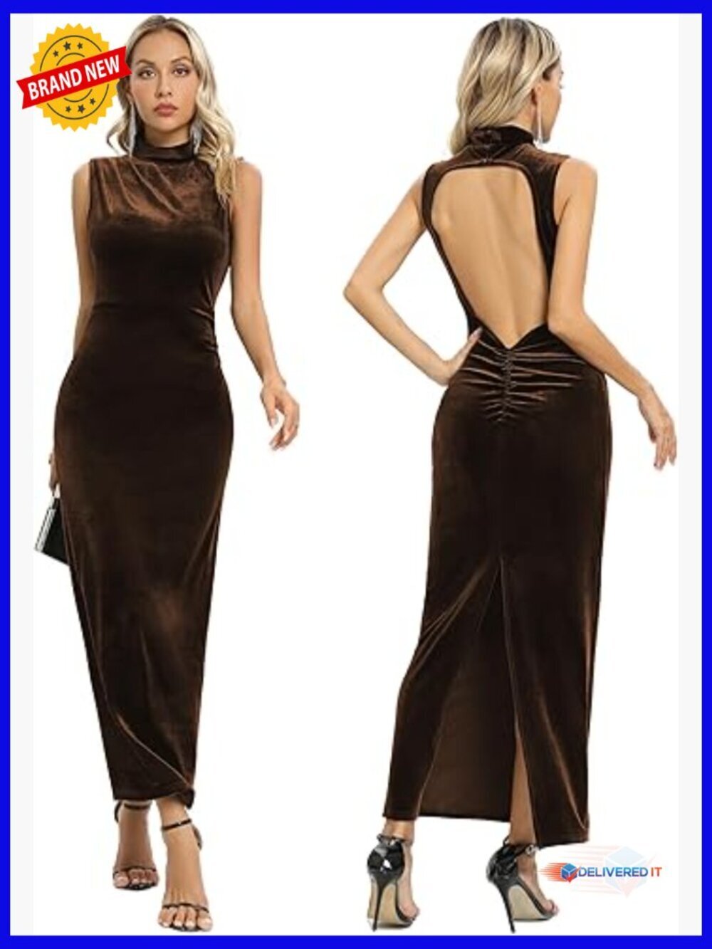 Velvet Maxi Dress Backless Bodycon Formal High Neck Cocktail Party